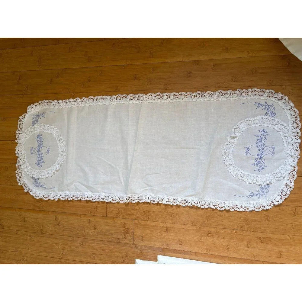 Vintage Embroidered Linen Set Runner Pillowcases Doily White Floral Basket